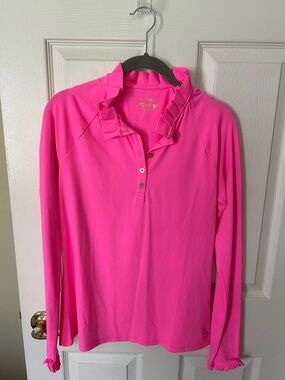 Lilly Pulitzer Hot Pink Ruffle-Trim Long Sleeve Polo